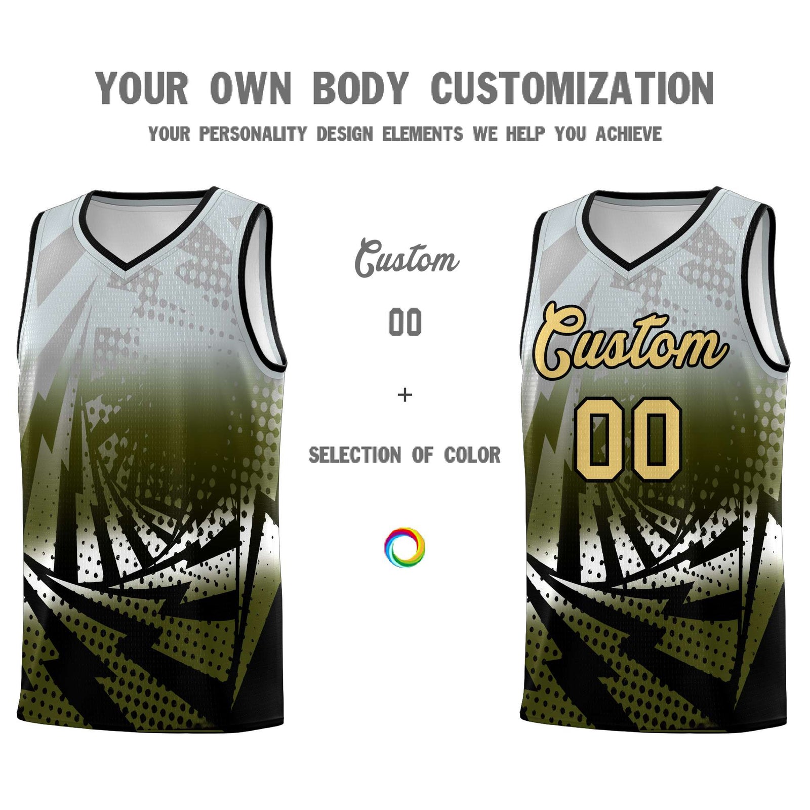 Custom Youth Basketball Jerseys Silver Gray Olive Lightning Design Halftone Personalized Uniforms