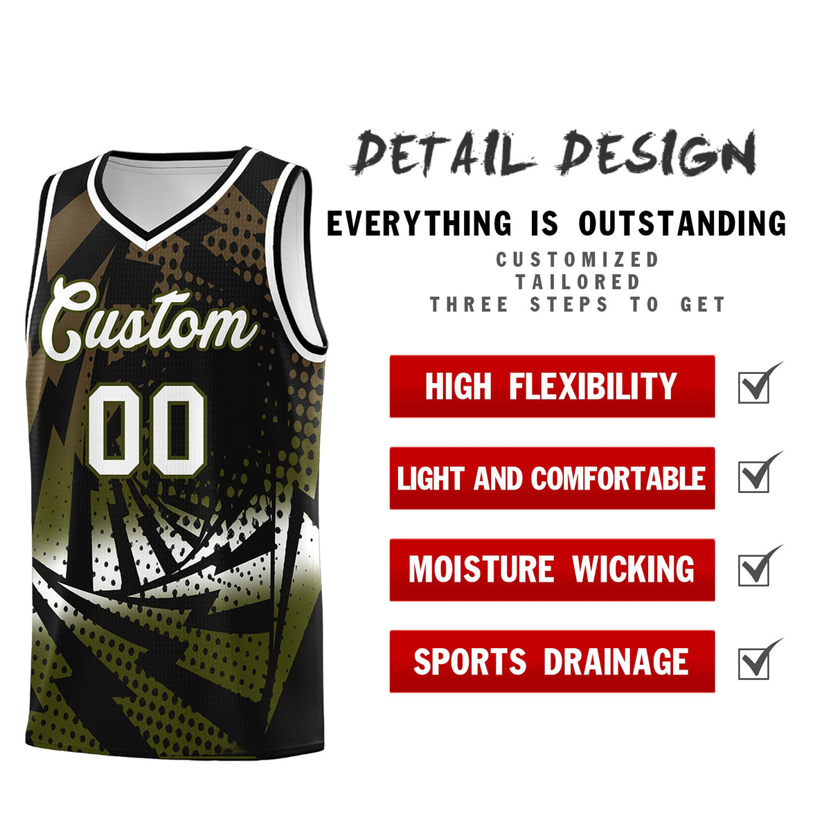 Custom Youth Basketball Jerseys Black Olive Lightning Design Halftone Personalized Uniforms