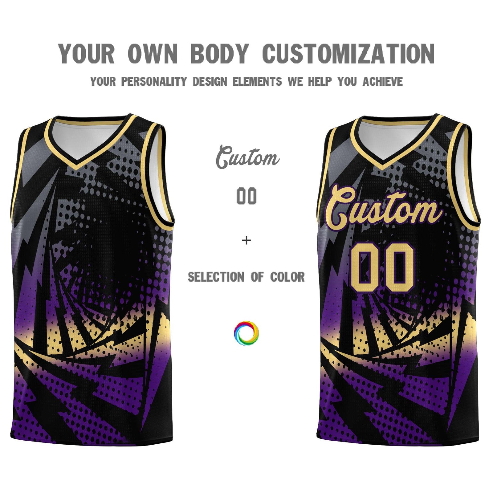 Custom Youth Basketball Jerseys Black Purple Lightning Design Halftone Personalized Uniforms