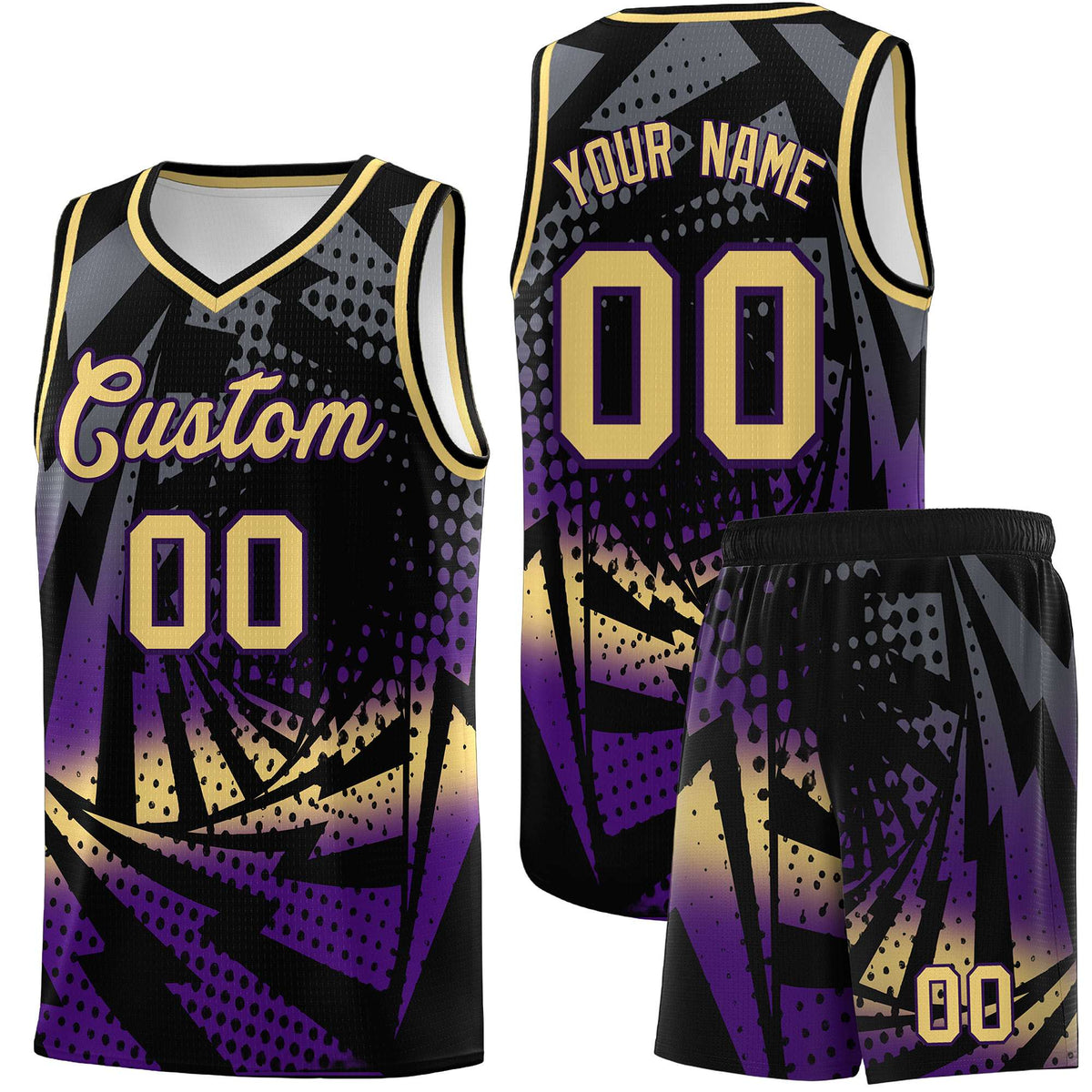 Custom Youth Basketball Jerseys Black Purple Lightning Design Halftone Personalized Uniforms