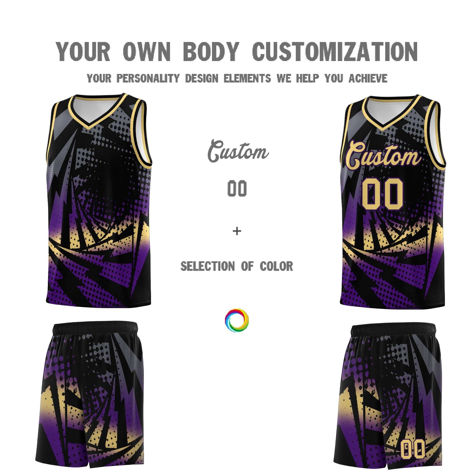 Custom Youth Basketball Jerseys Black Purple Lightning Design Halftone Personalized Uniforms
