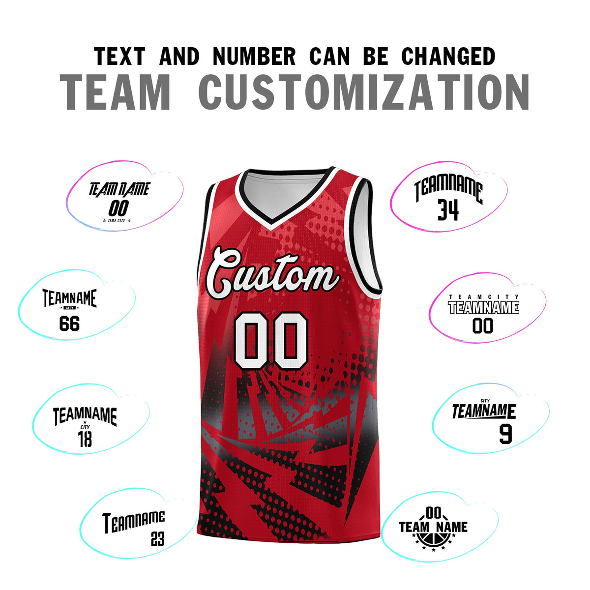 Custom Youth Basketball Jerseys Red Black Lightning Halftone Personalized Team Uniforms