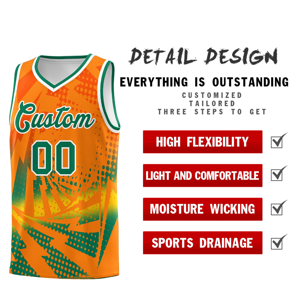 Custom Youth Basketball Jerseys Orange Kelly Green Lightning Design Halftone Personalized Uniforms