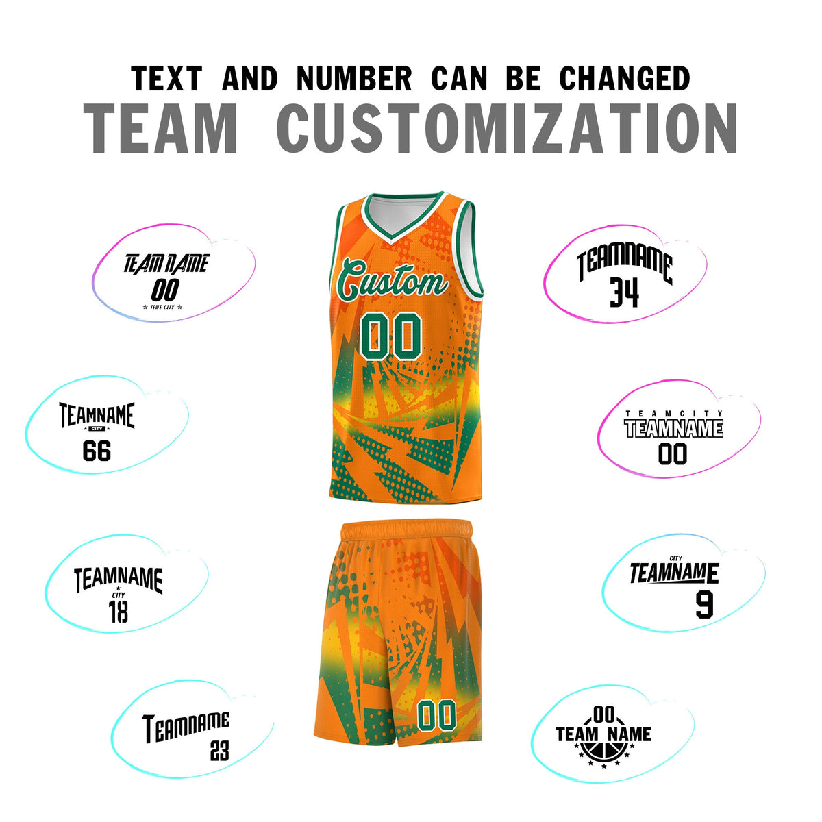 Custom Youth Basketball Jerseys Orange Kelly Green Lightning Design Halftone Personalized Uniforms