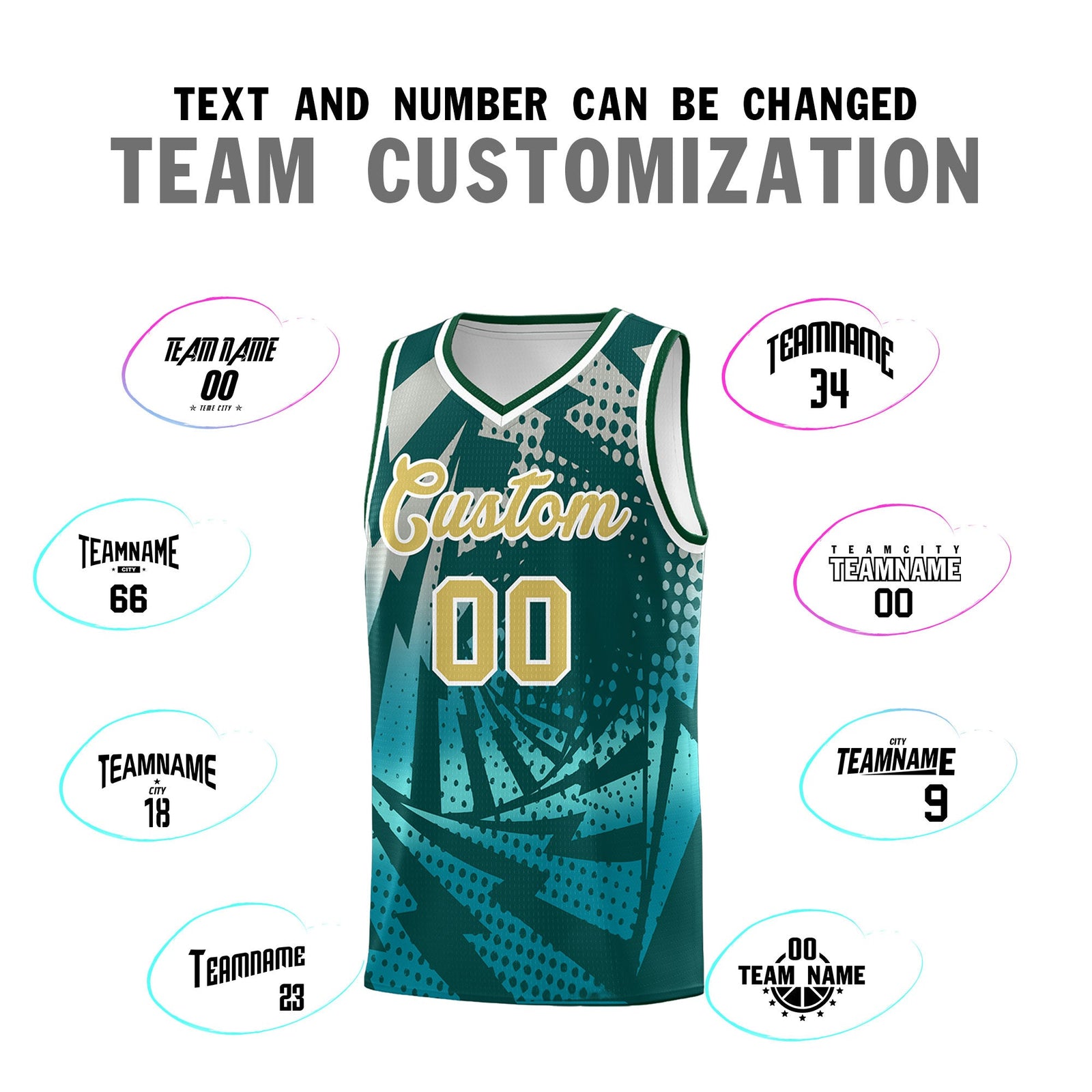 Custom Youth Basketball Jerseys Midnight Green Teal Lightning Halftone Personalized Team Uniforms