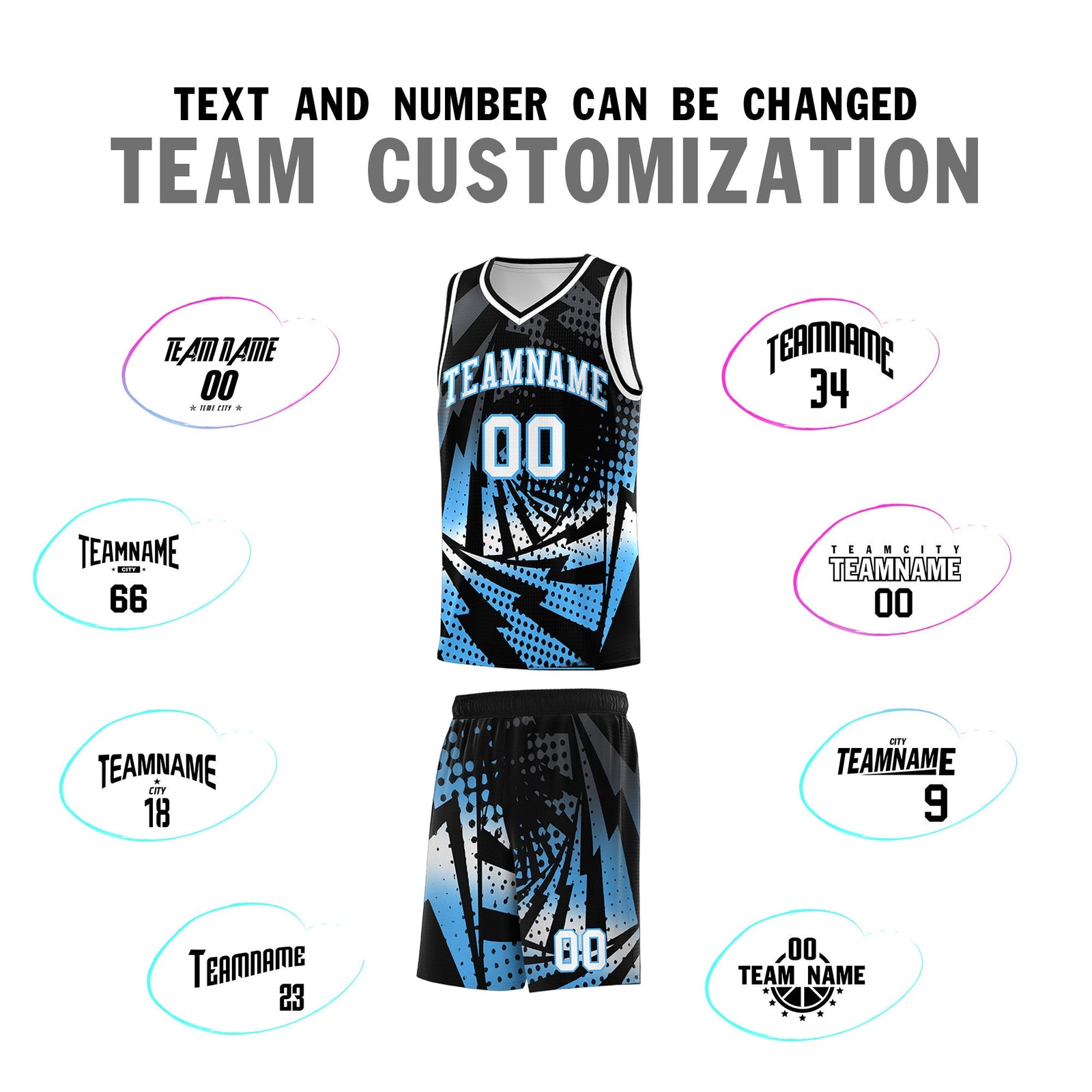 Custom Youth Basketball Jerseys Black Powder Blue Lightning Design Halftone Personalized Uniforms