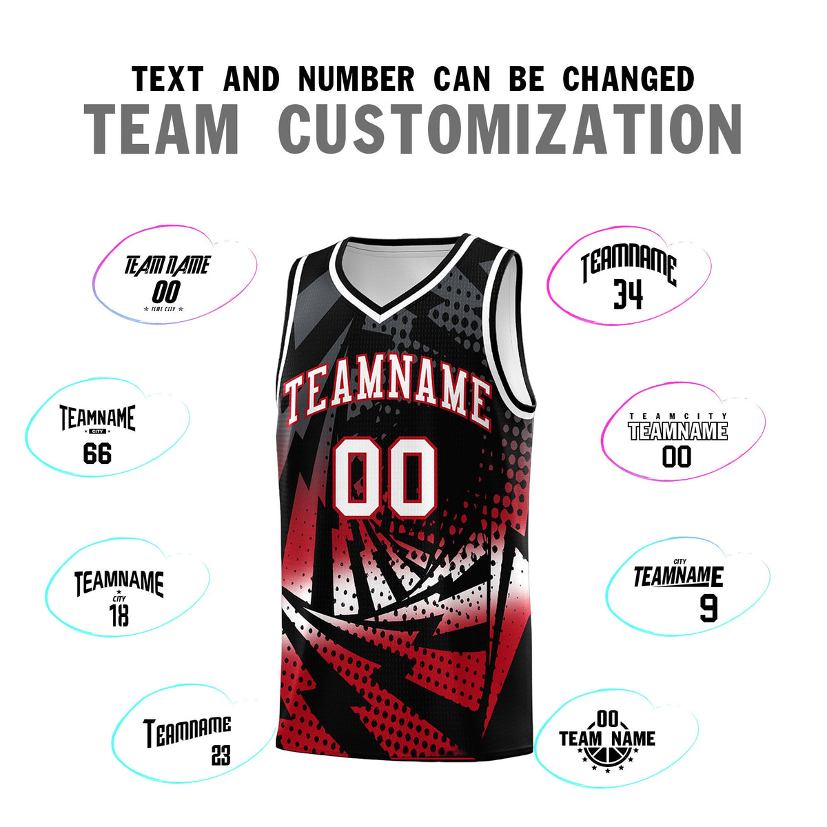 Custom Youth Basketball Jerseys Black Red Lightning Halftone Personalized Team Uniforms