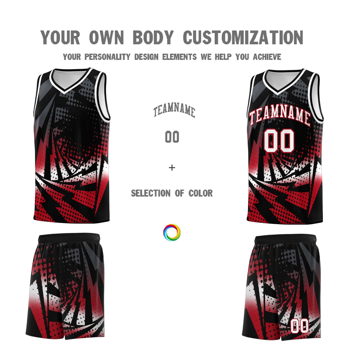 Custom Youth Basketball Jerseys Black Red Lightning Halftone Personalized Team Uniforms