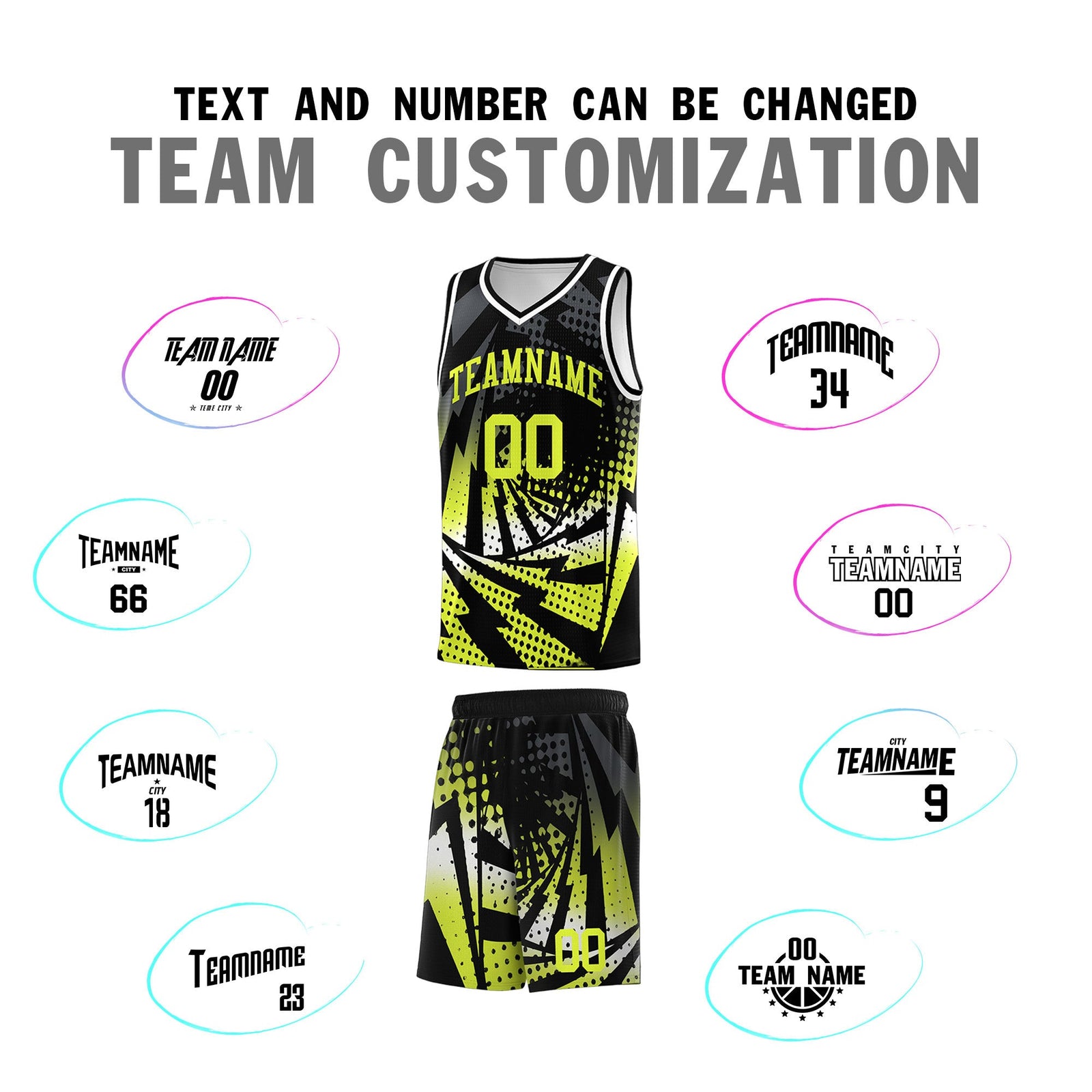 Custom Youth Basketball Jerseys Black Fluorescent Green Lightning Halftone Personalized Team Uniforms