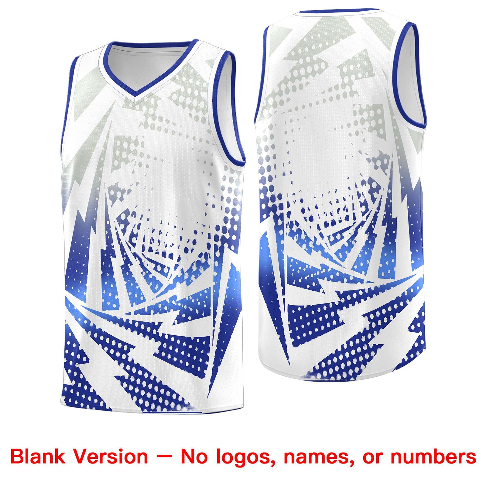 Custom Youth Basketball Jerseys White Royal Blue Lightning Design Halftone Personalized Uniforms