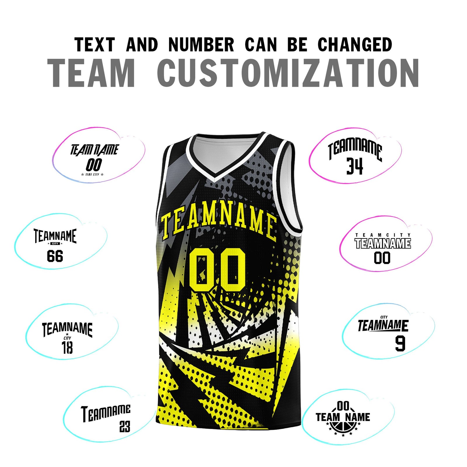 Custom Youth Basketball Jerseys Black Fluorescent Yellow Lightning Design Halftone Personalized Uniforms