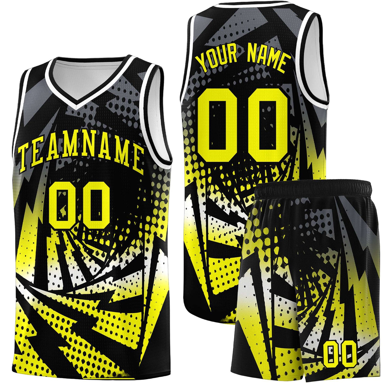 Custom Youth Basketball Jerseys Black Fluorescent Yellow Lightning Design Halftone Personalized Uniforms
