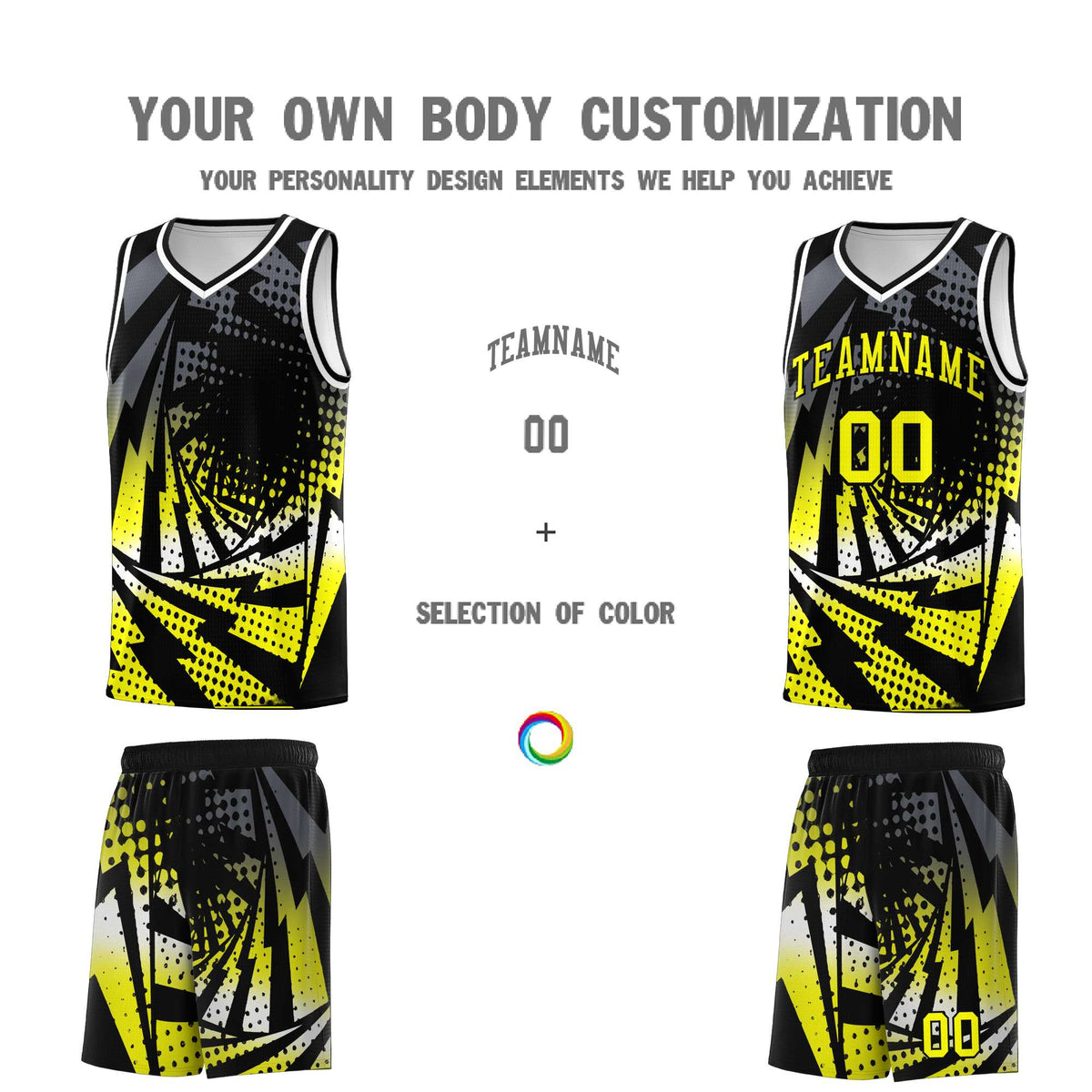 Custom Youth Basketball Jerseys Black Fluorescent Yellow Lightning Design Halftone Personalized Uniforms