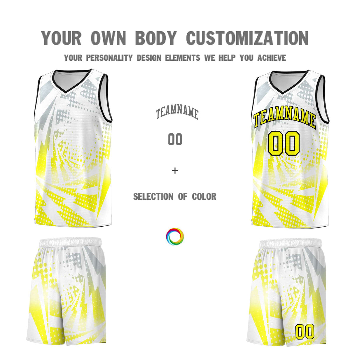 Custom Youth Basketball Jerseys White Fluorescent Yellow Lightning Halftone Personalized Team Uniforms