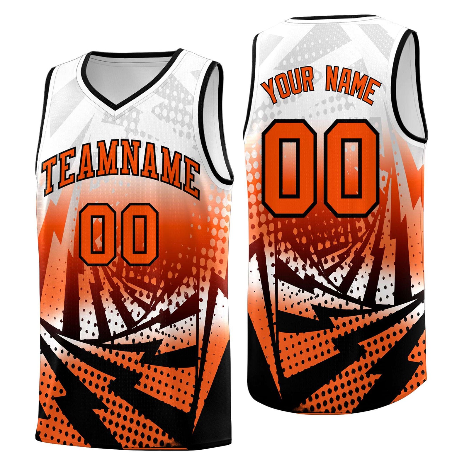 Custom Youth Basketball Jerseys White Orange Lightning Halftone Personalized Team Uniforms