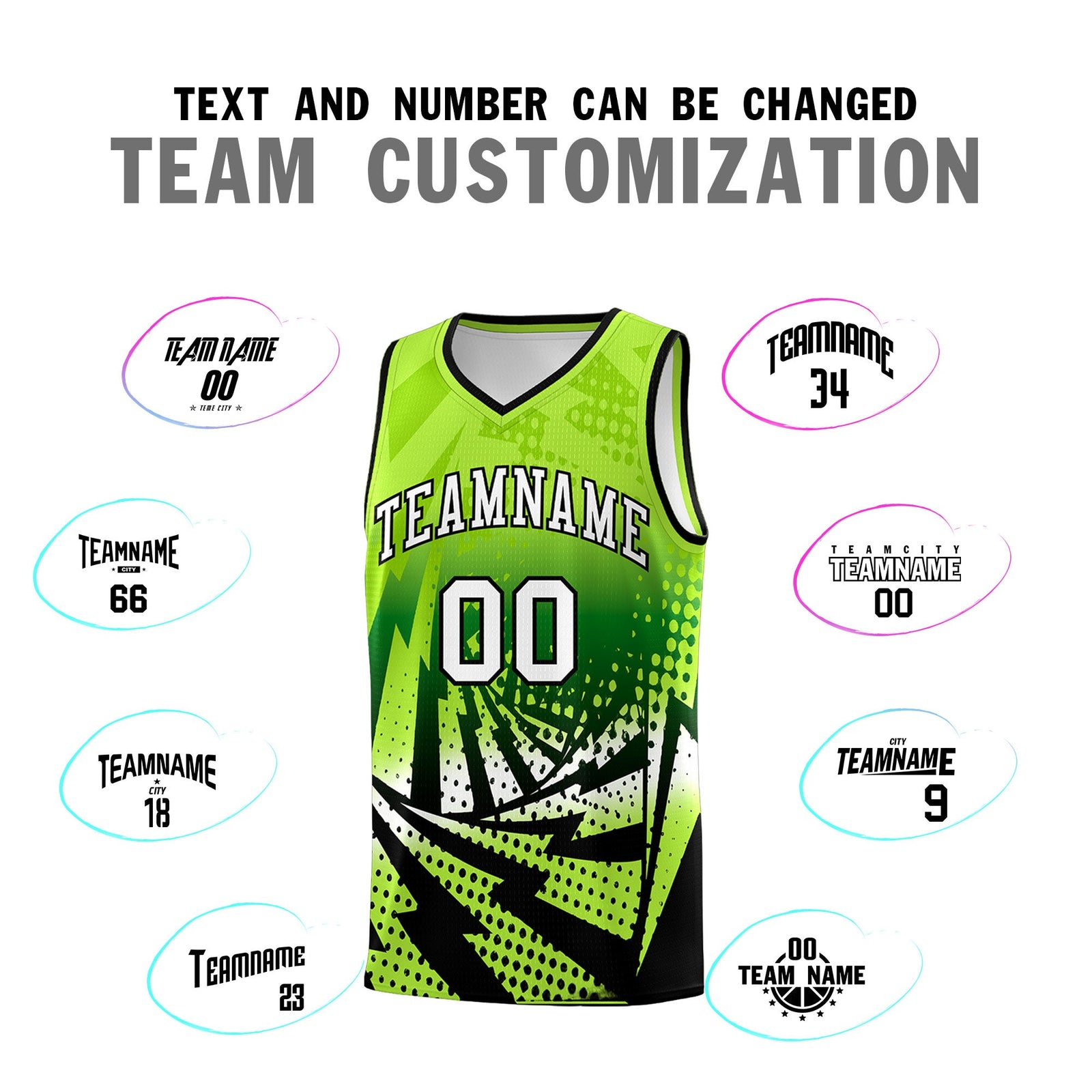 Custom Youth Basketball Jerseys Neon Green Black Lightning Halftone Personalized Team Uniforms
