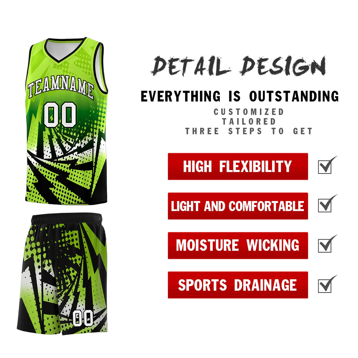 Custom Youth Basketball Jerseys Neon Green Black Lightning Halftone Personalized Team Uniforms
