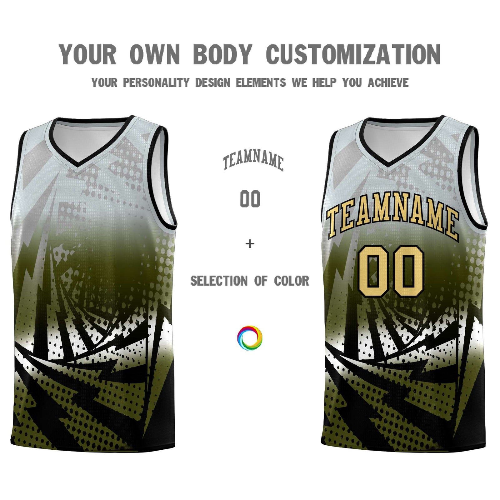 Custom Youth Basketball Jerseys Silver Gray Olive Lightning Design Halftone Personalized Uniforms