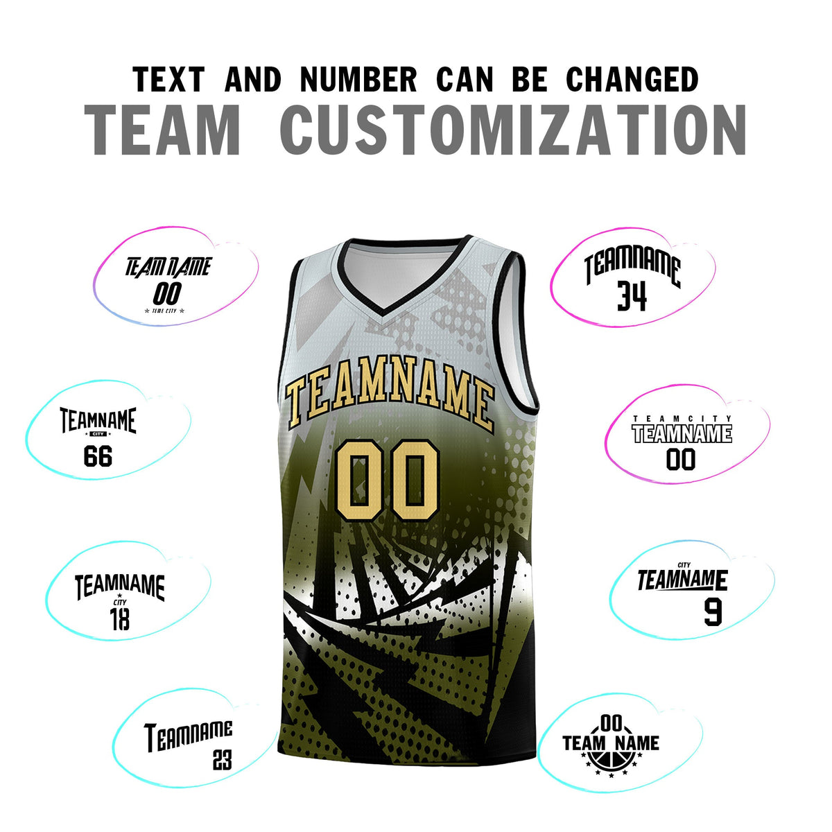 Custom Youth Basketball Jerseys Silver Gray Olive Lightning Design Halftone Personalized Uniforms