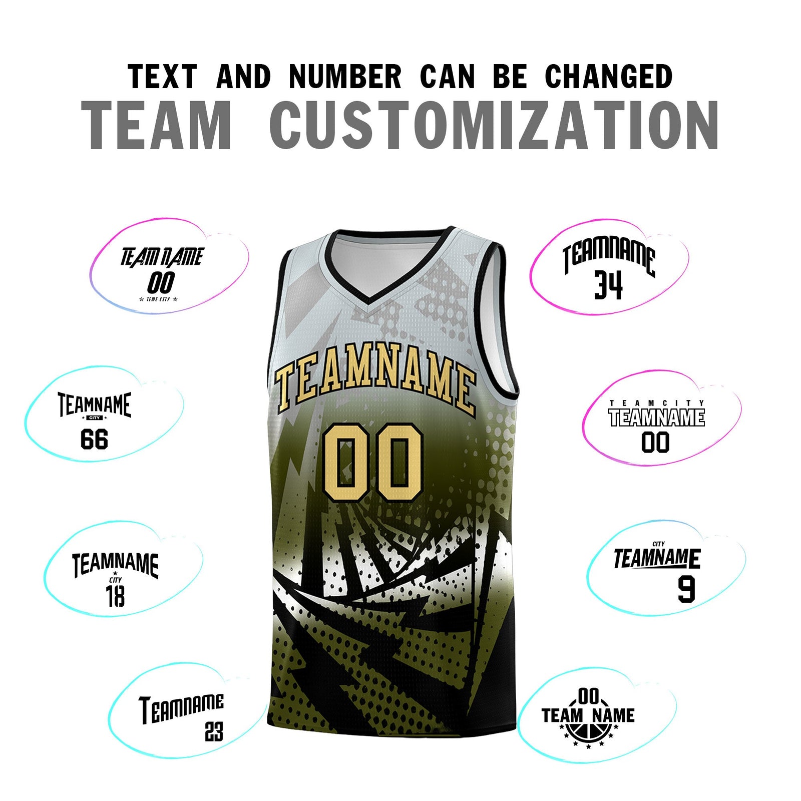 Custom Youth Basketball Jerseys Silver Gray Olive Lightning Design Halftone Personalized Uniforms
