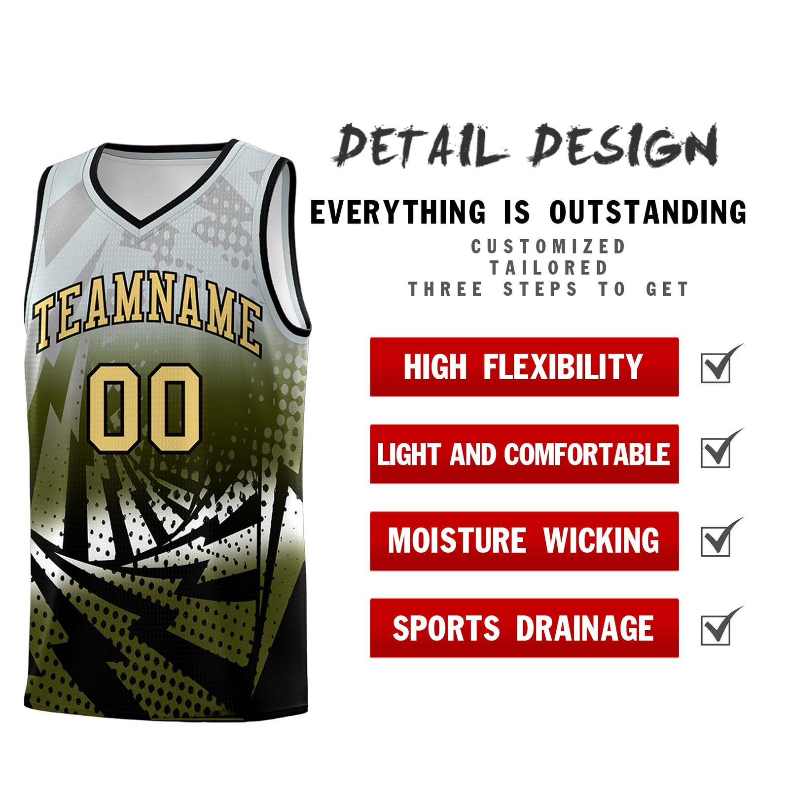 Custom Youth Basketball Jerseys Silver Gray Olive Lightning Design Halftone Personalized Uniforms