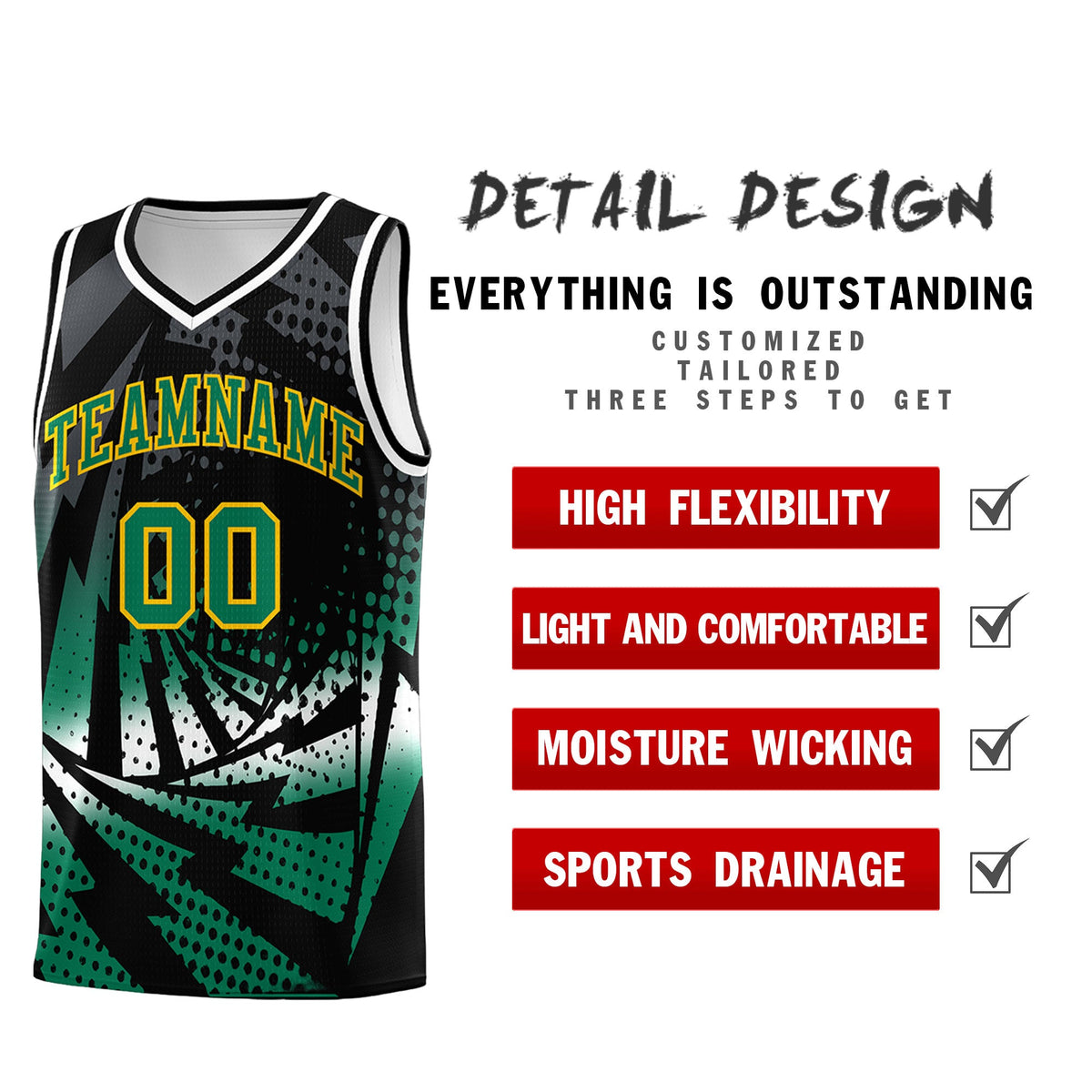 Custom Youth Basketball Jerseys Black Kelly Green Lightning Design Halftone Personalized Uniforms
