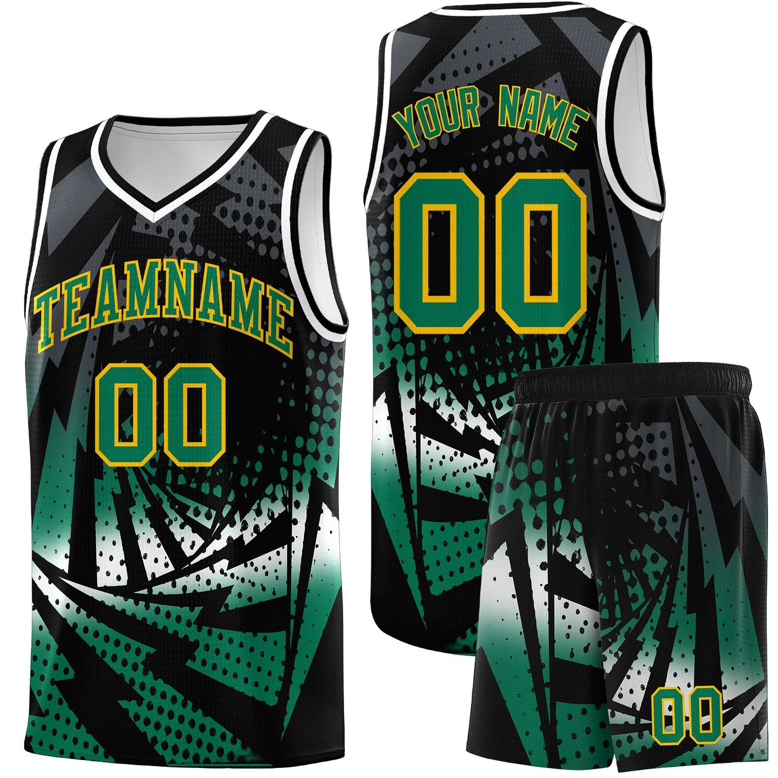 Custom Youth Basketball Jerseys Black Kelly Green Lightning Design Halftone Personalized Uniforms