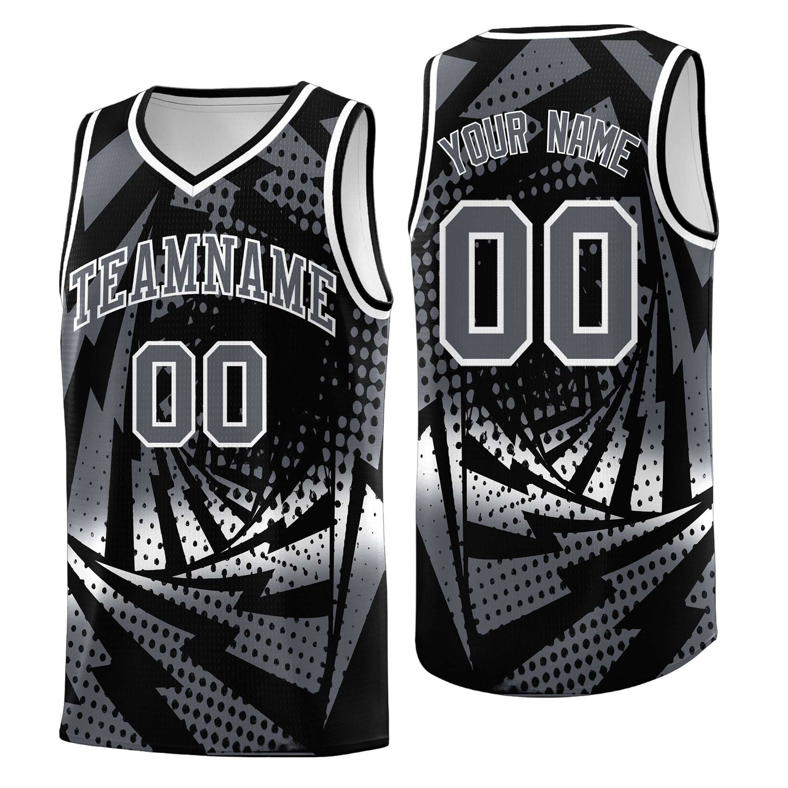 Custom Youth Basketball Jerseys Black Dark Gray Lightning Design Halftone Personalized Uniforms