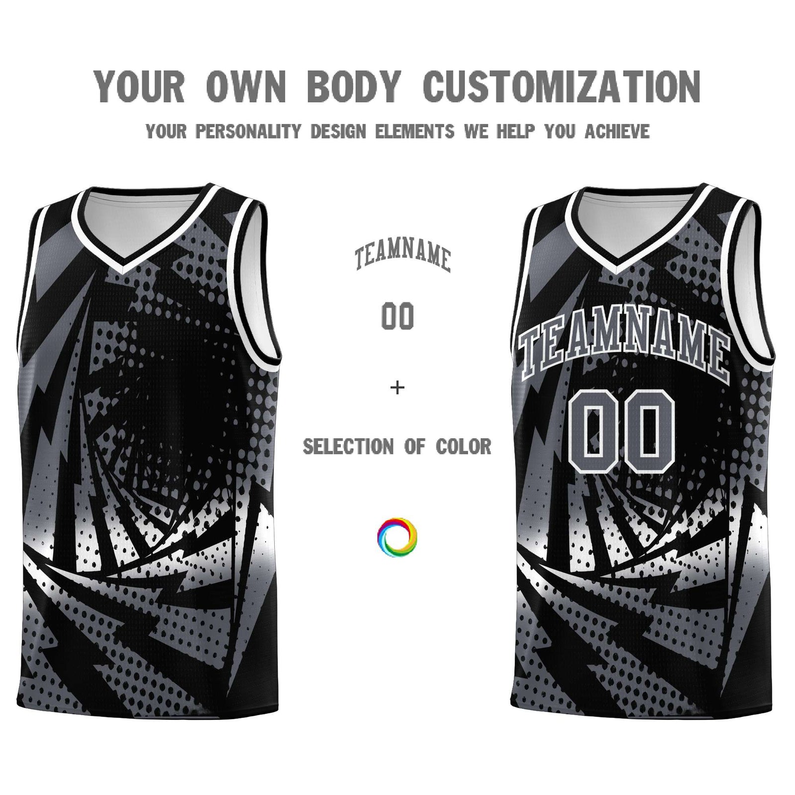 Custom Youth Basketball Jerseys Black Dark Gray Lightning Design Halftone Personalized Uniforms