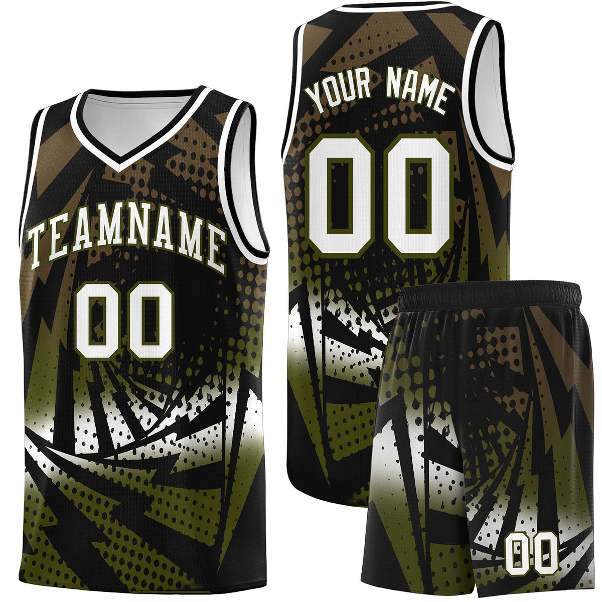 Custom Youth Basketball Jerseys Black Olive Lightning Design Halftone Personalized Uniforms