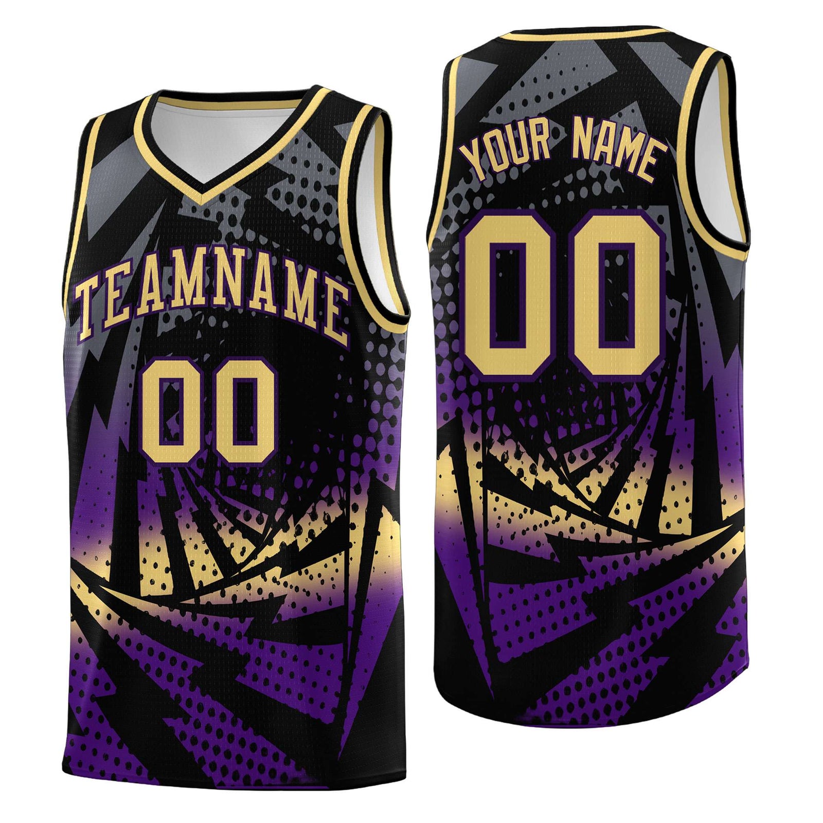 Custom Youth Basketball Jerseys Black Purple Lightning Design Halftone Personalized Uniforms