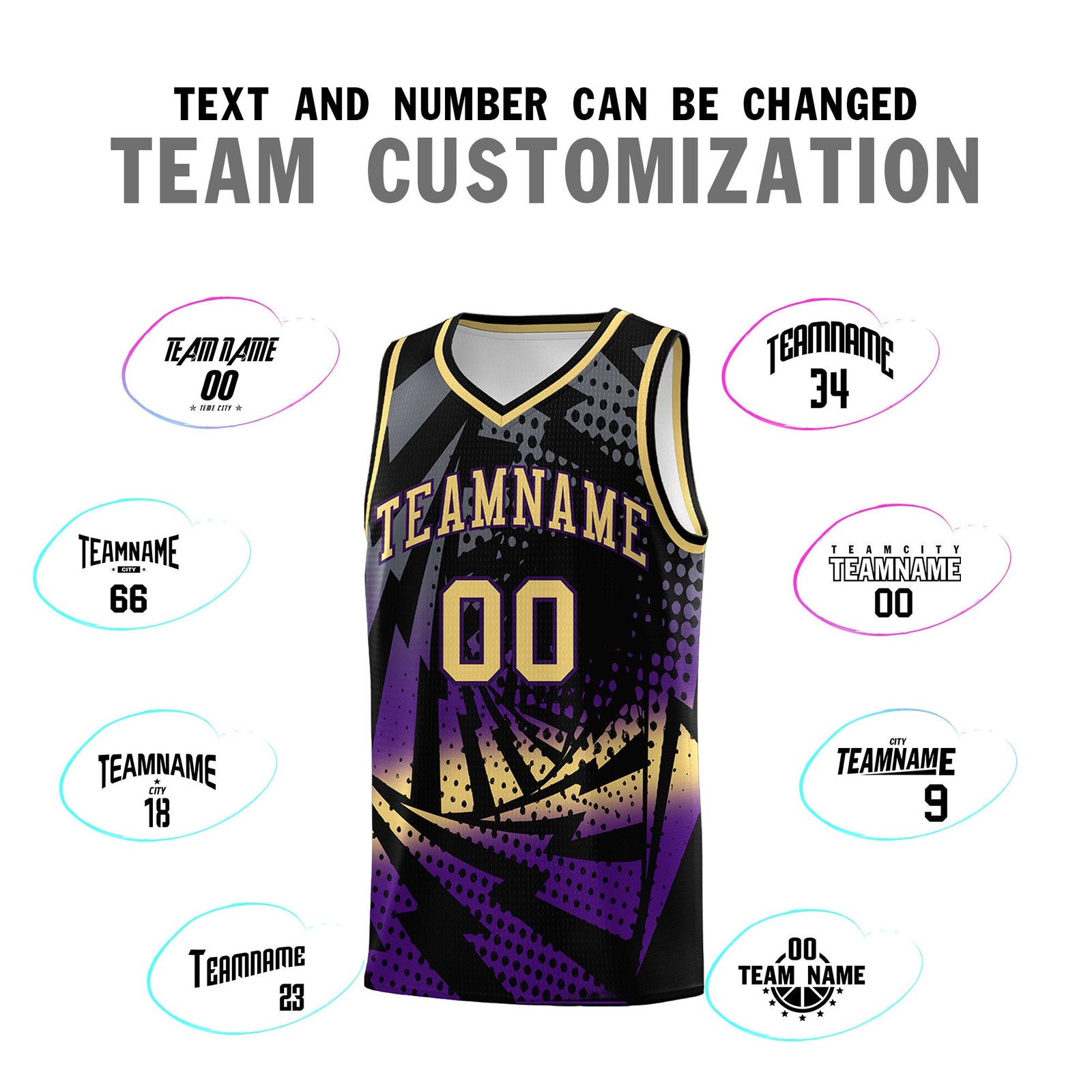 Custom Youth Basketball Jerseys Black Purple Lightning Design Halftone Personalized Uniforms