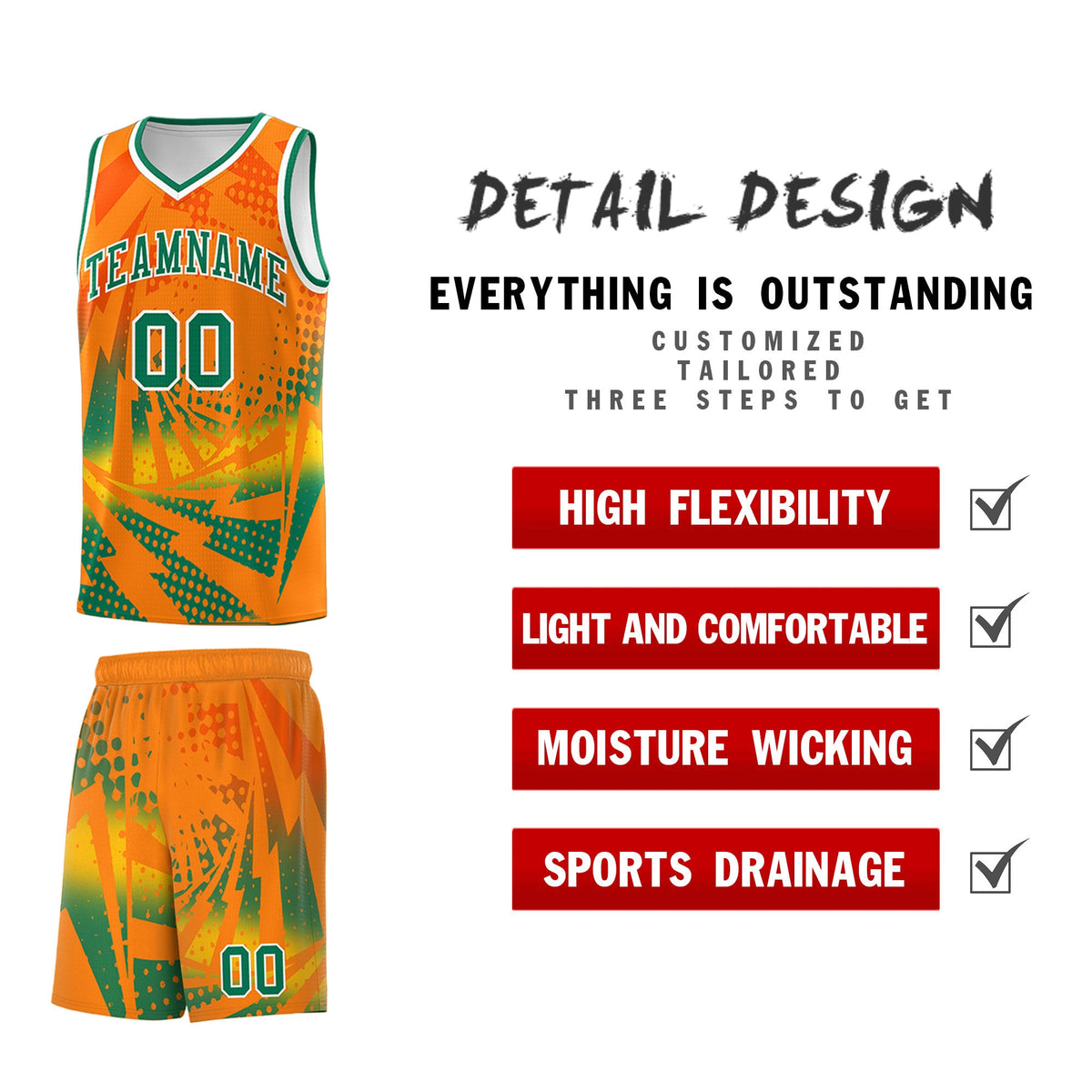 Custom Youth Basketball Jerseys Orange Kelly Green Lightning Design Halftone Personalized Uniforms
