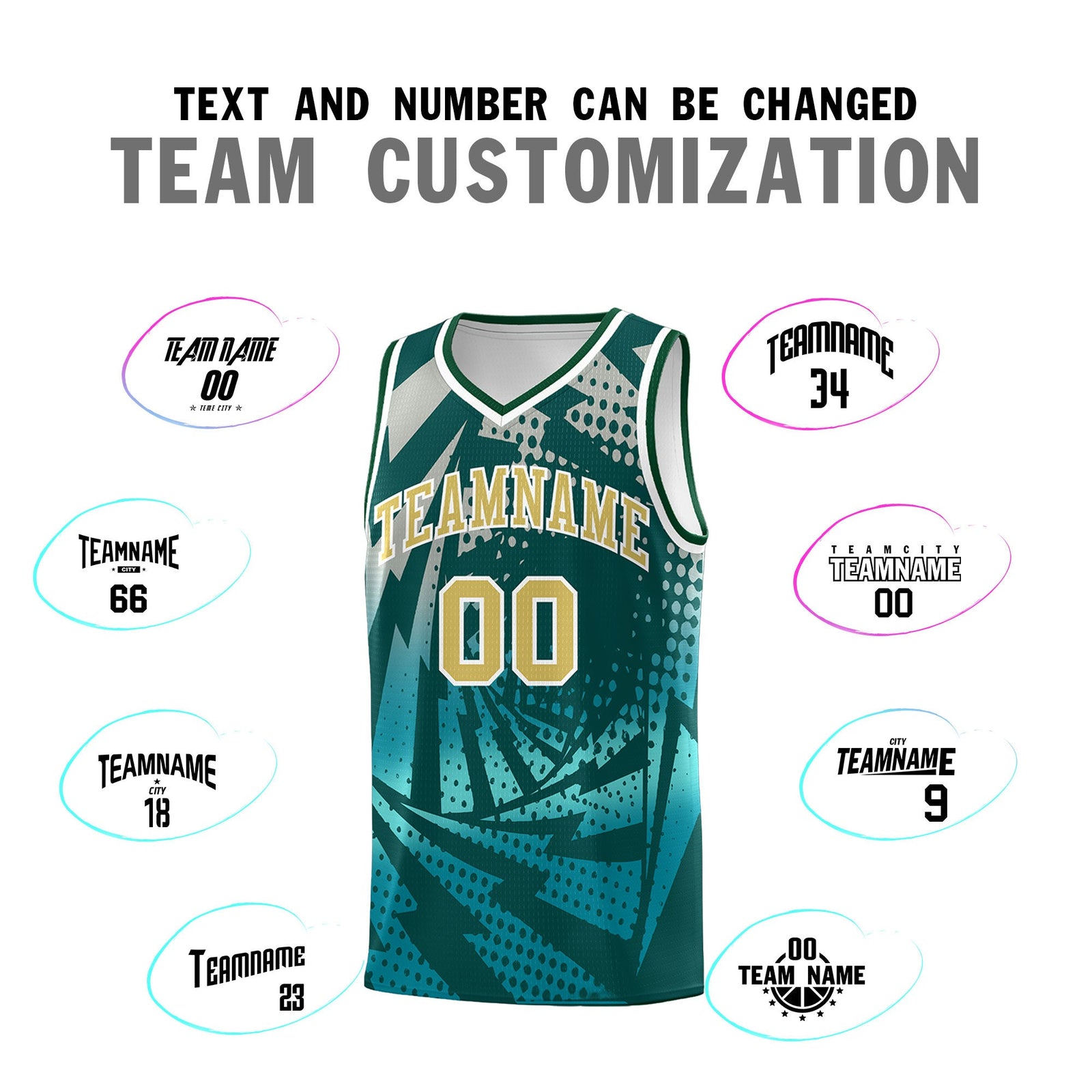 Custom Youth Basketball Jerseys Midnight Green Teal Lightning Halftone Personalized Team Uniforms