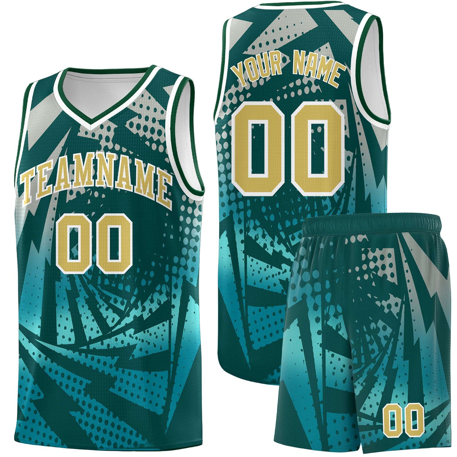 Custom Youth Basketball Jerseys Midnight Green Teal Lightning Halftone Personalized Team Uniforms