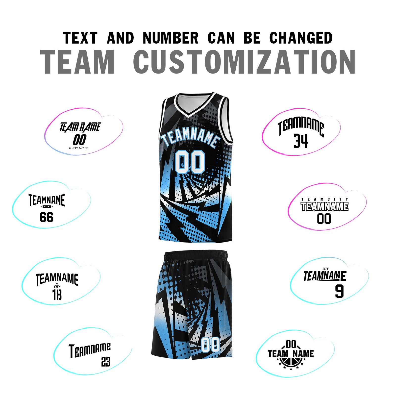Custom Youth Basketball Jerseys Black Powder Blue Lightning Design Halftone Personalized Uniforms