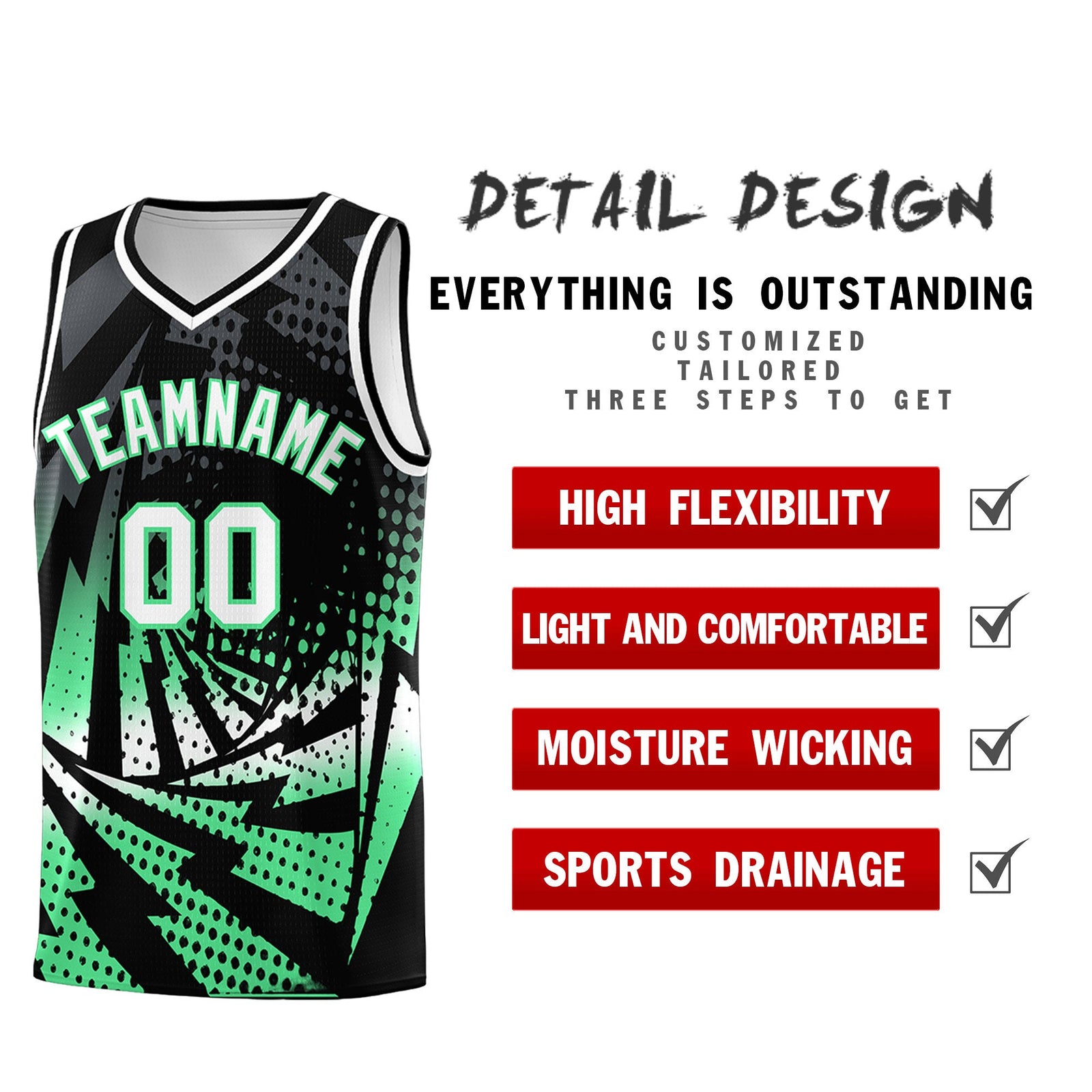 Custom Youth Basketball Jerseys Black Green Lightning Design Halftone Personalized Uniforms