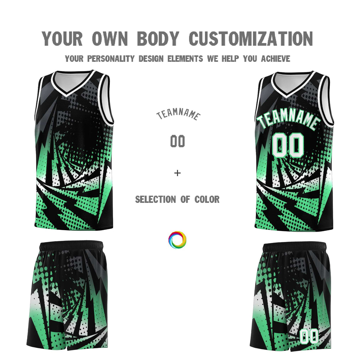 Custom Youth Basketball Jerseys Black Green Lightning Design Halftone Personalized Uniforms