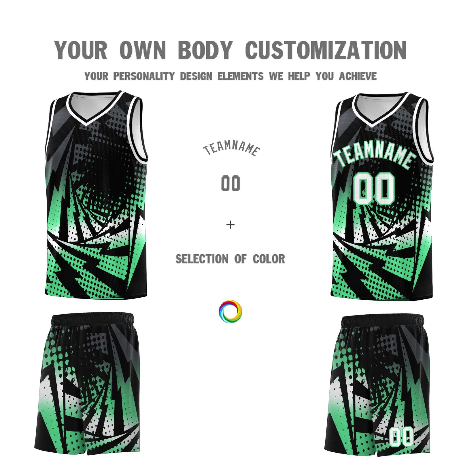 Custom Youth Basketball Jerseys Black Green Lightning Design Halftone Personalized Uniforms