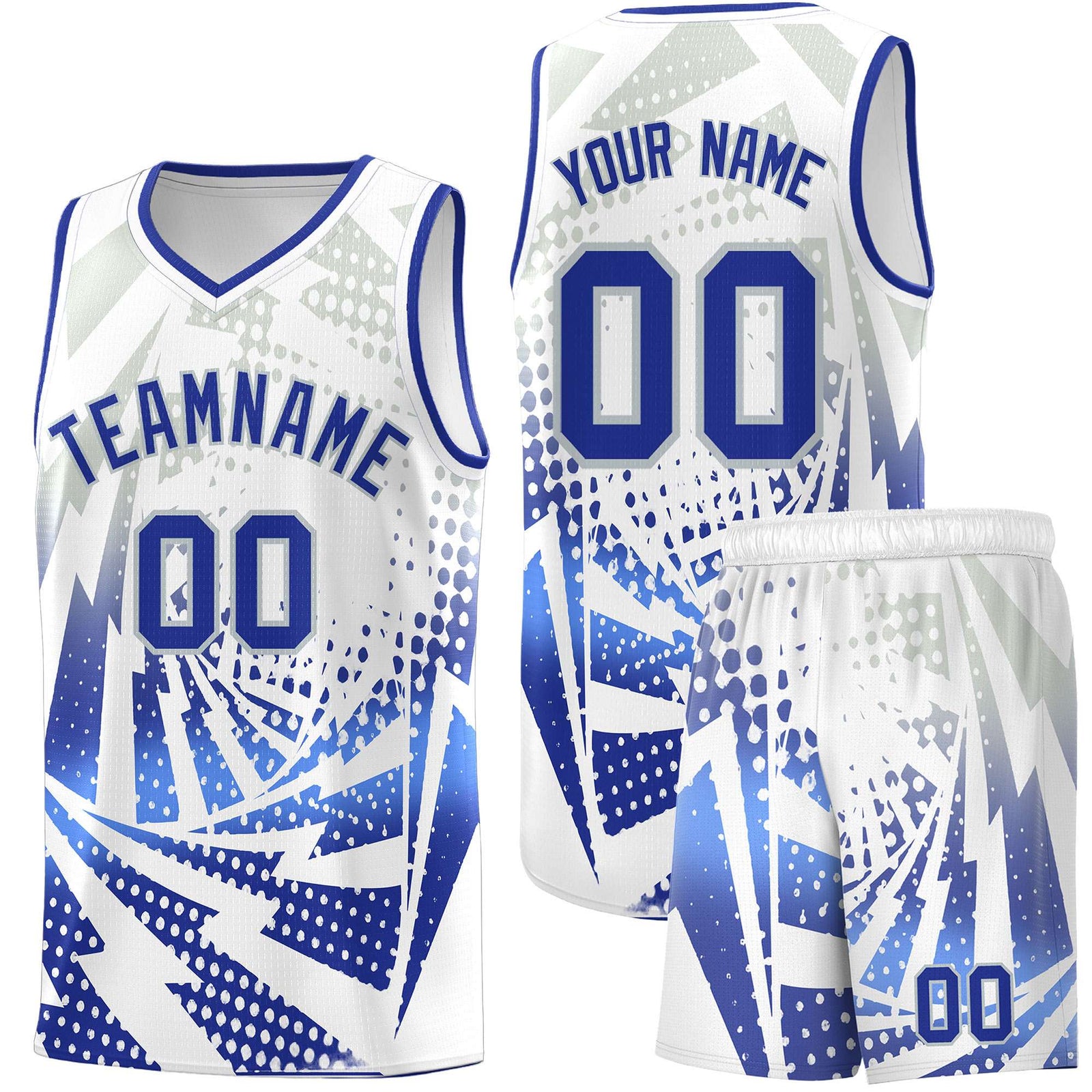 Custom Youth Basketball Jerseys White Royal Blue Lightning Design Halftone Personalized Uniforms
