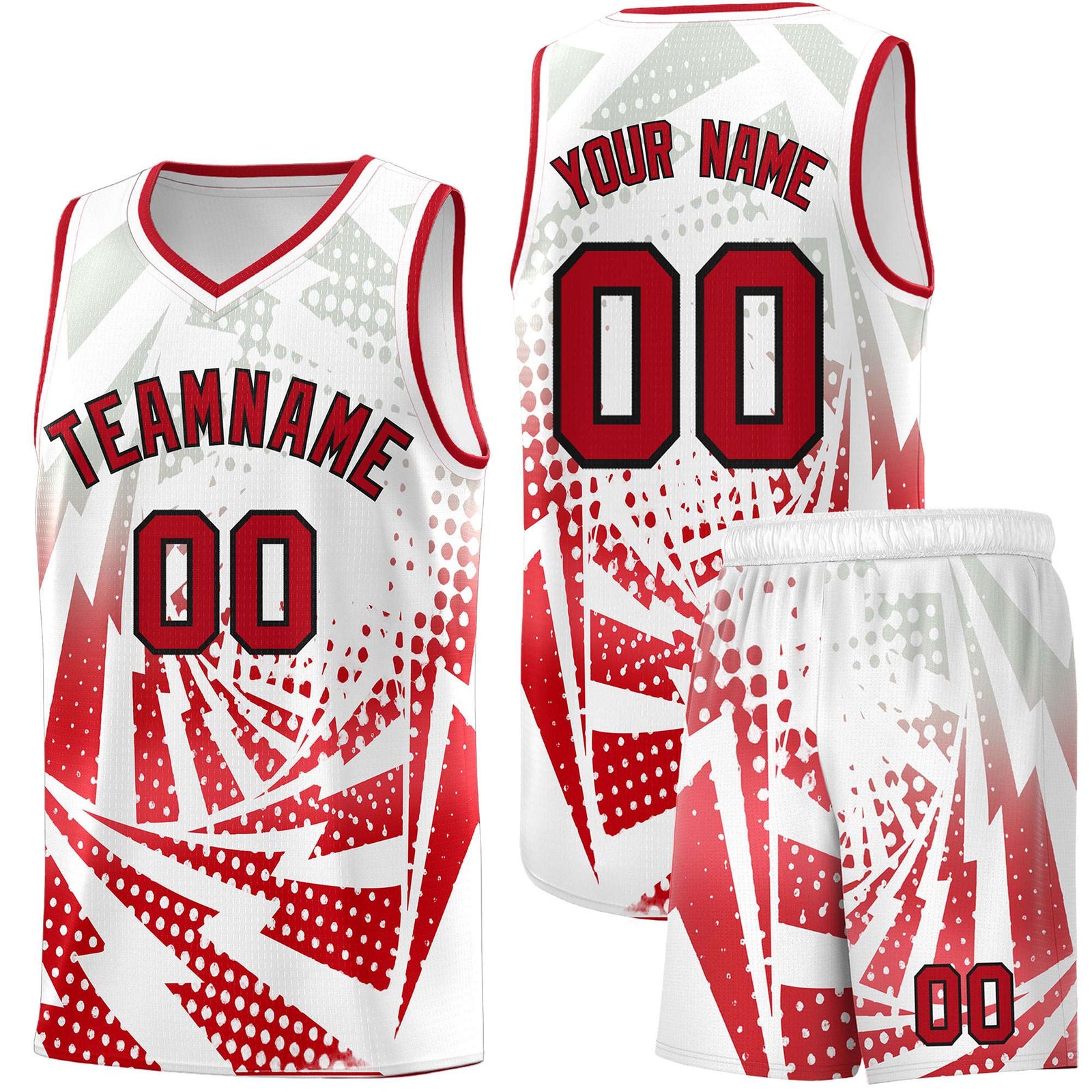 Custom Youth Basketball Jerseys White Red Lightning Halftone Personalized Team Uniforms