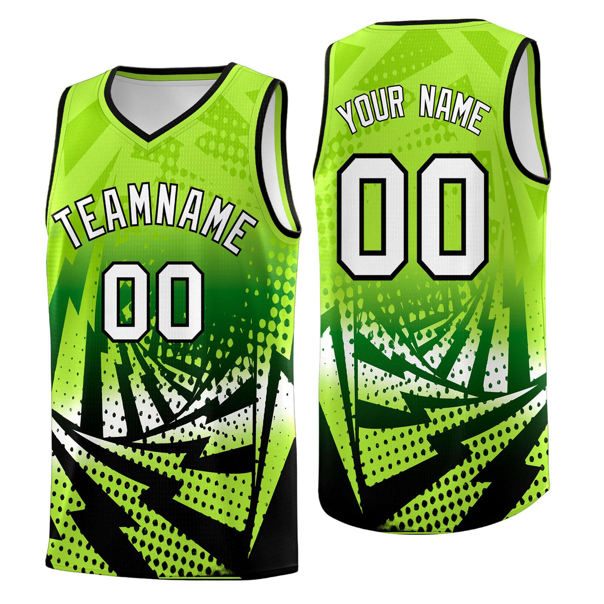 Custom Youth Basketball Jerseys Neon Green Black Lightning Halftone Personalized Team Uniforms