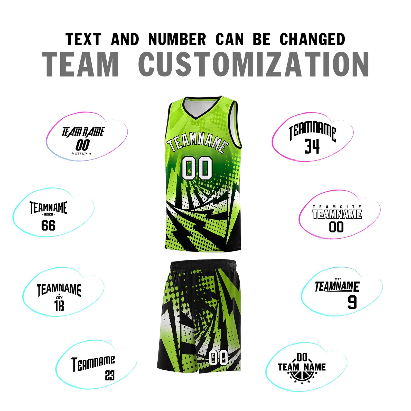 Custom Youth Basketball Jerseys Neon Green Black Lightning Halftone Personalized Team Uniforms