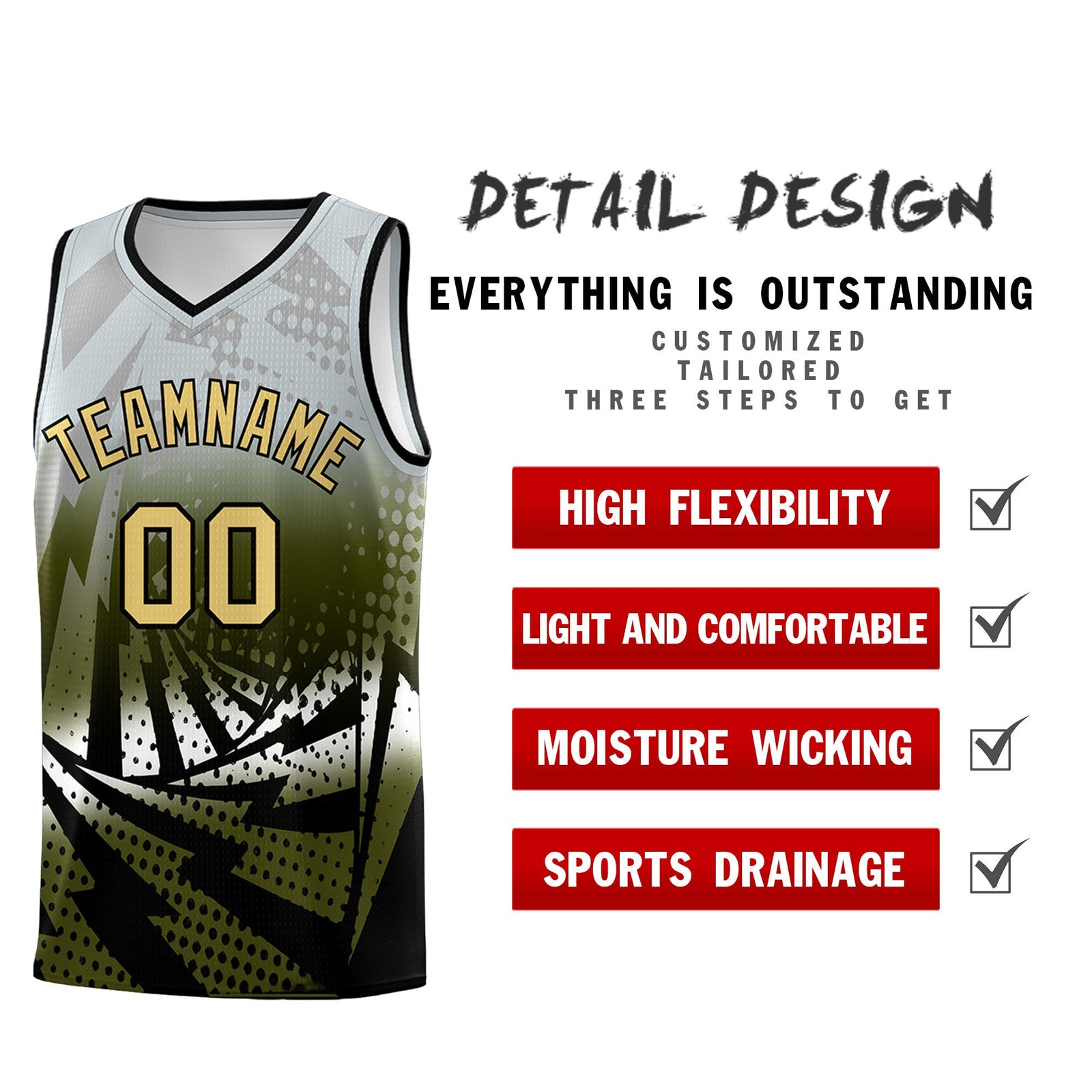 Custom Youth Basketball Jerseys Silver Gray Olive Lightning Design Halftone Personalized Uniforms