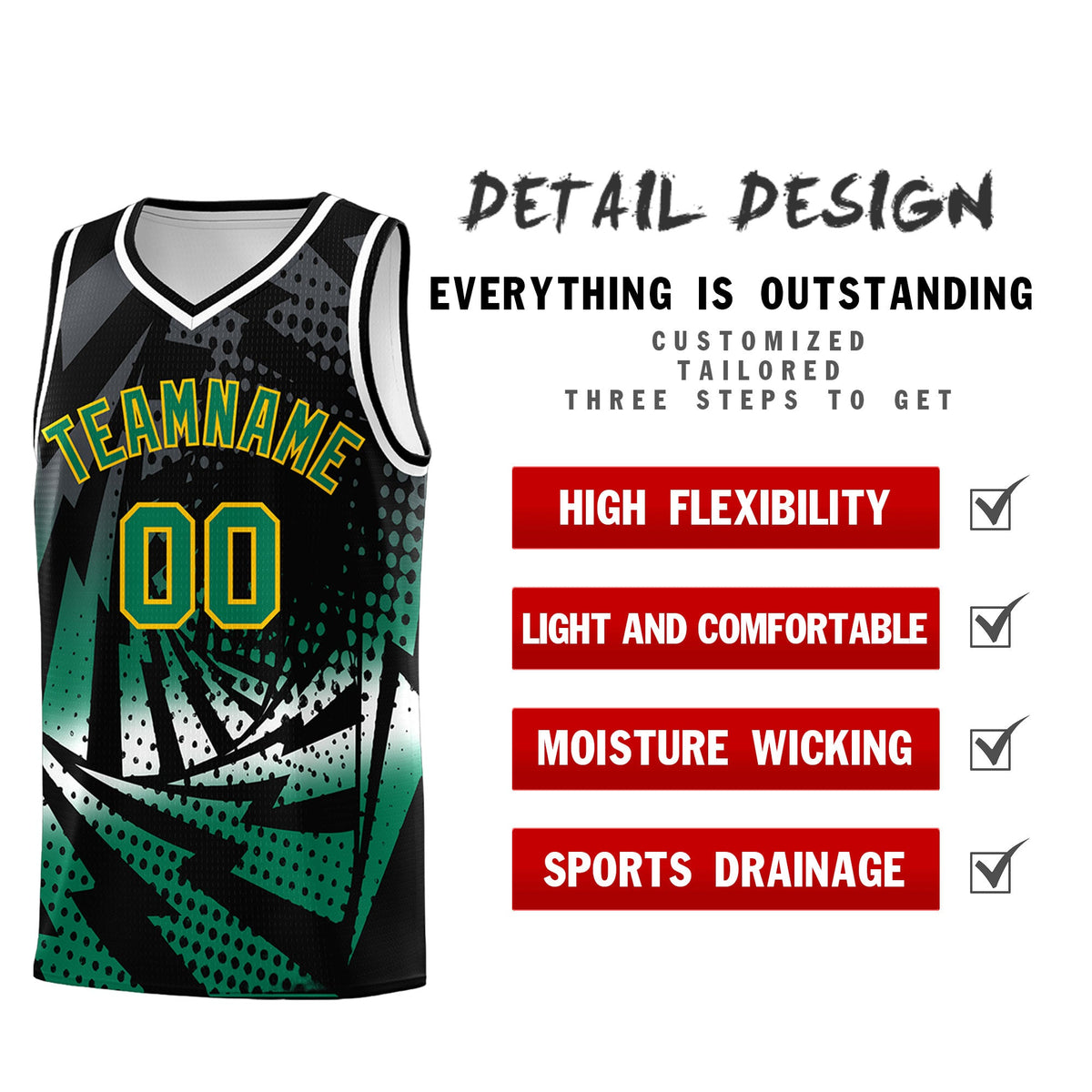 Custom Youth Basketball Jerseys Black Kelly Green Lightning Design Halftone Personalized Uniforms