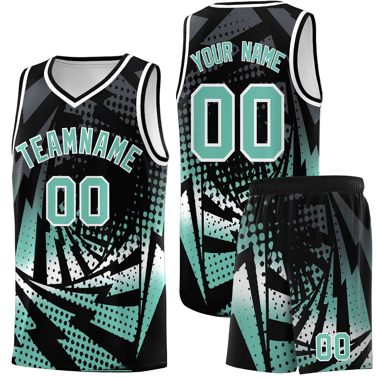 Custom Youth Basketball Jerseys Black Bright Green Lightning Halftone Personalized Team Uniforms