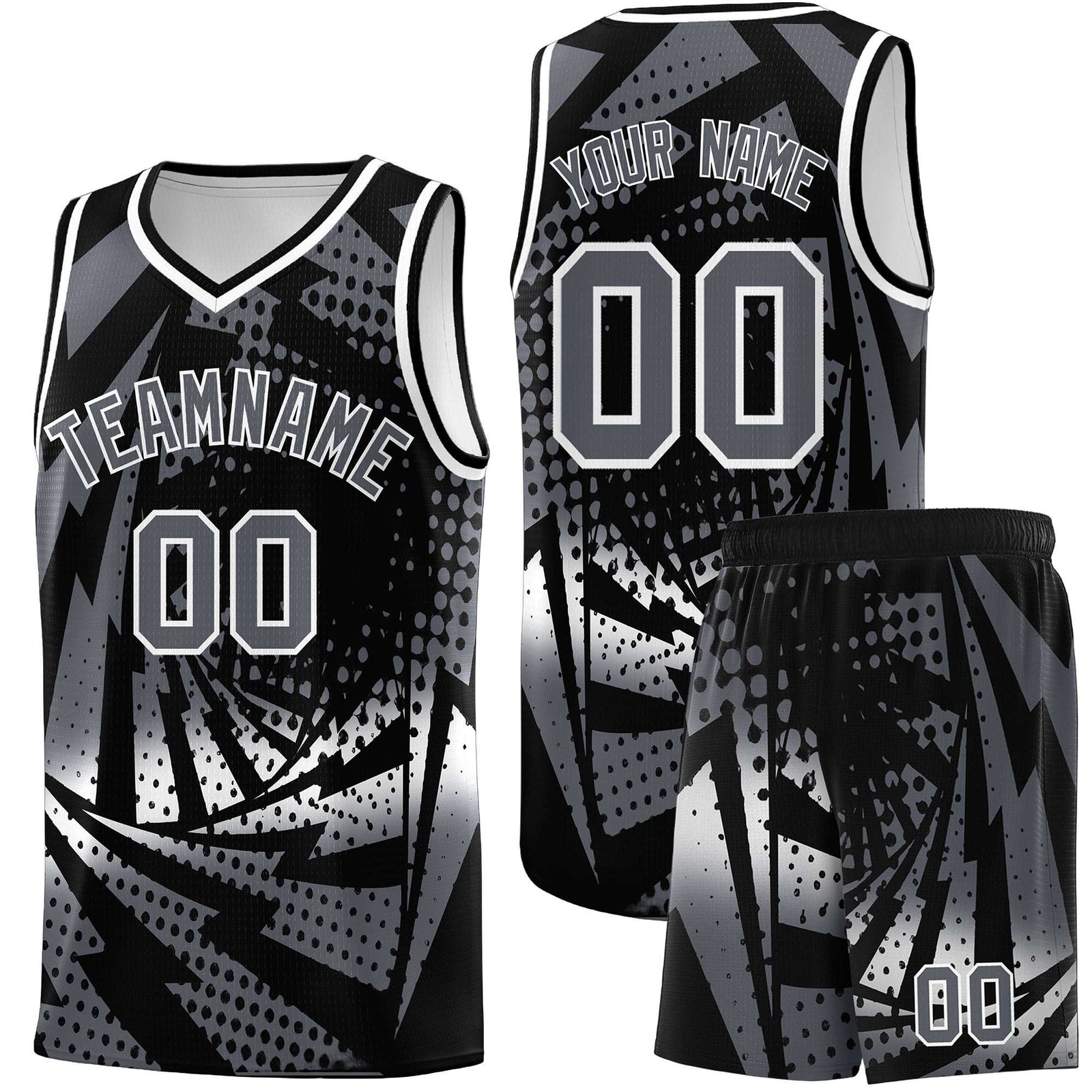 Custom Youth Basketball Jerseys Black Dark Gray Lightning Design Halftone Personalized Uniforms
