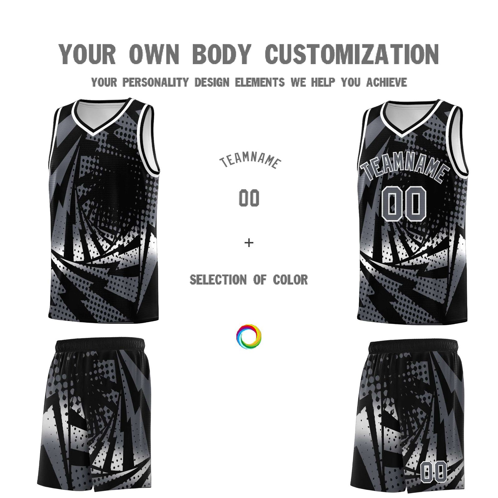 Custom Youth Basketball Jerseys Black Dark Gray Lightning Design Halftone Personalized Uniforms