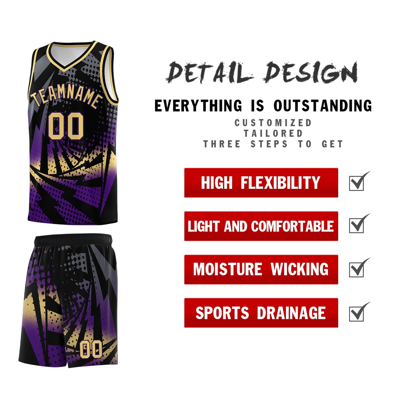 Custom Youth Basketball Jerseys Black Purple Lightning Design Halftone Personalized Uniforms