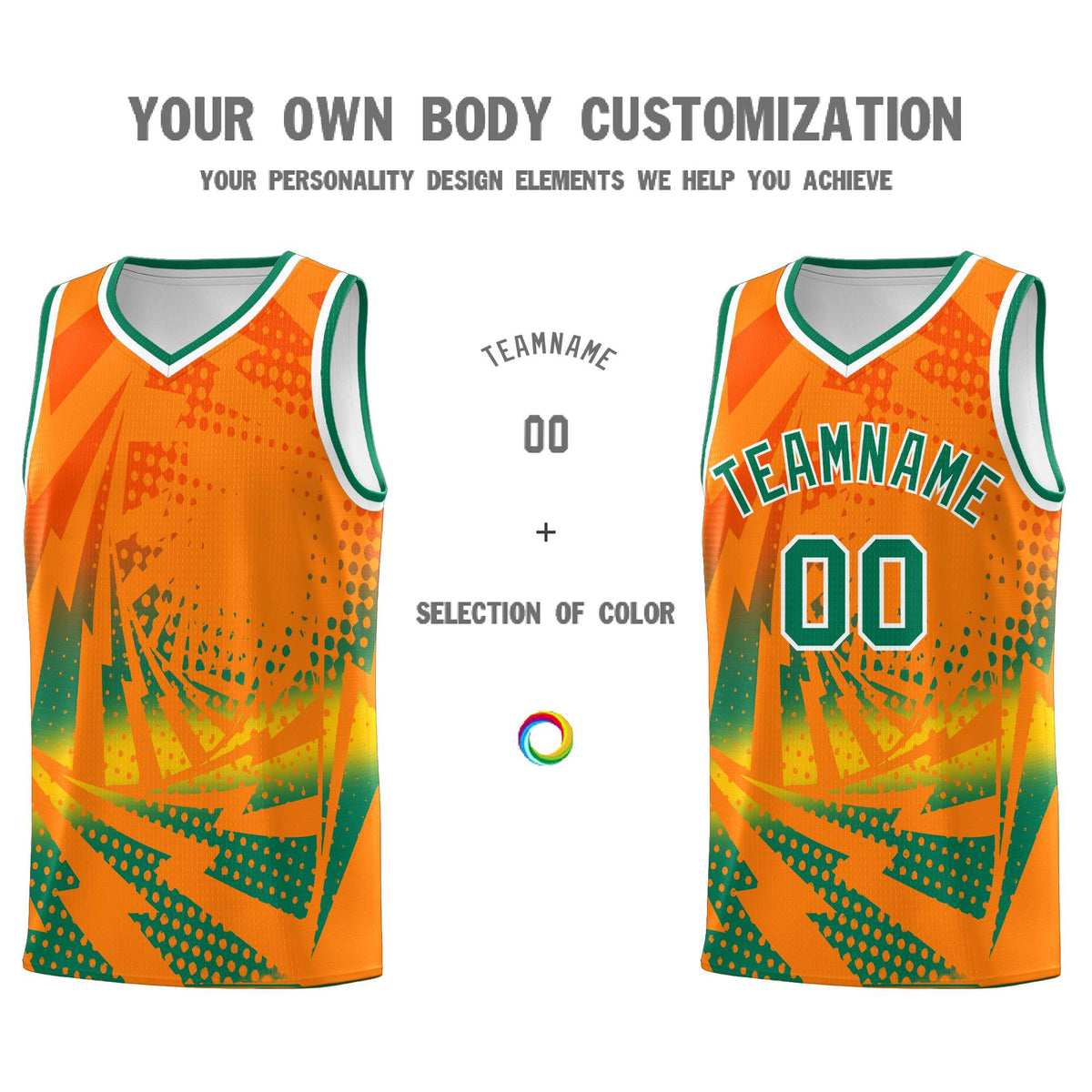 Custom Youth Basketball Jerseys Orange Kelly Green Lightning Design Halftone Personalized Uniforms